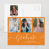 Carte Postale Faire-part Script Graduate 3 Photo Collage Orange Graduation (Devant / Derrière)