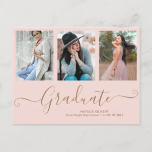 Carte Postale Faire-part Script Graduate 3 Photo Collage Pink Graduation
