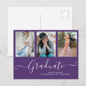 Carte Postale Faire-part Script Graduate 3 Photo Collage Purple Graduation (Devant / Derrière)