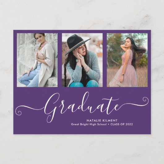 Carte Postale Faire-part Script Graduate 3 Photo Collage Purple Graduation (Devant)