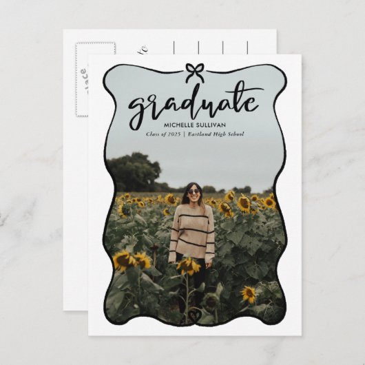 Carte Postale Faire-part Script Gradué Cute Bow Coeur Cadre | Photo (Devant / Derrière)