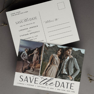 Carte Postale Faire-part Script Lisse Deux Photos de Mariage Enregistrer