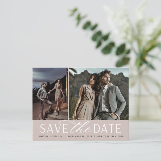 Carte Postale Faire-part Script Lisse | Deux Photos de Mariage Enregistrer (Debout devant)