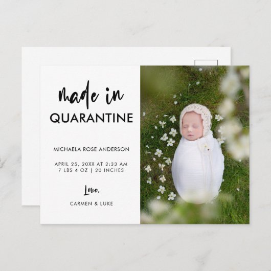 Carte Postale Faire-part Script made in Quarantine Nouveau-né Élégant Simpl (Devant / Derrière)