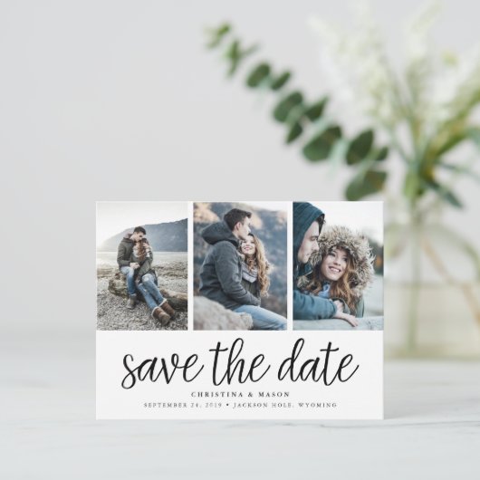 Carte Postale Faire-part Script manuscrit trois photo Enregistrer la date (Debout devant)