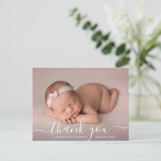 Carte Postale Faire-part Script Merci photo superposition bébé naissance (Debout devant)