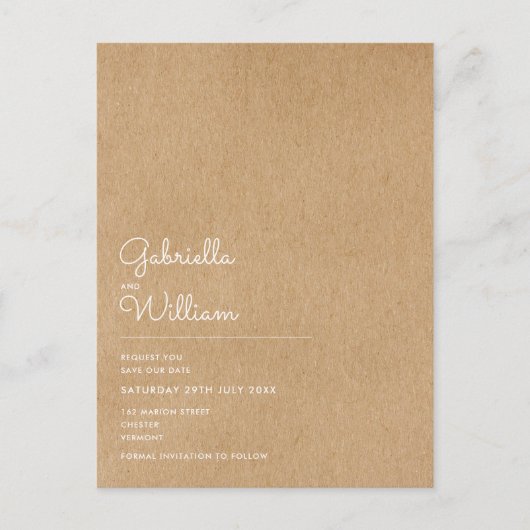 Carte Postale Faire-part Script minimal Rustic Kraft Enregistrer la date (Devant)