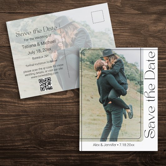 Carte Postale Faire-part script moderne 2 photos code qr enregistrer la dat
