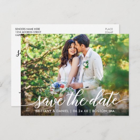 Carte Postale Faire-part Script Moderne Couple Photo Enregistrer La Date W (Devant / Derrière)