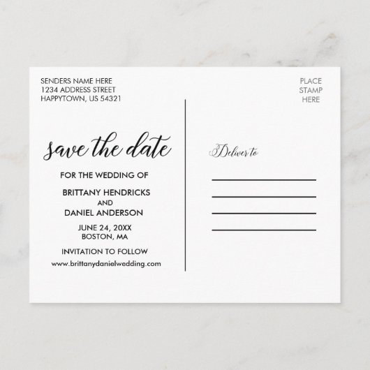 Carte Postale Faire-part Script Moderne Couple Photo Enregistrer La Date W (Dos)