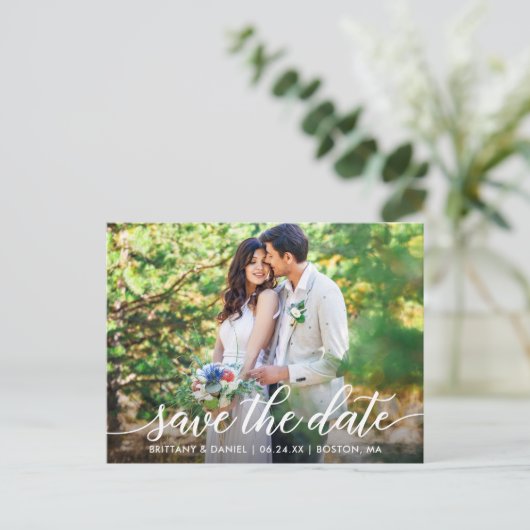 Carte Postale Faire-part Script Moderne Couple Photo Enregistrer La Date W (Debout devant)