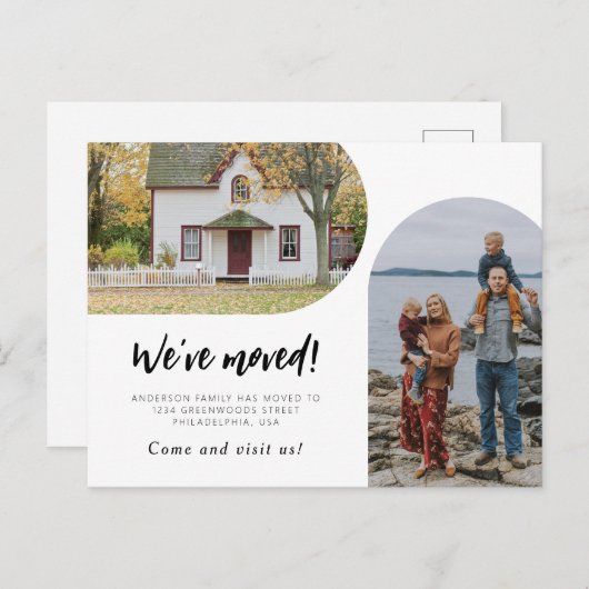 Carte Postale Faire-part Script moderne Deux Arc photo Nous avons bougé (Devant / Derrière)