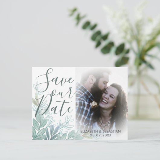 Carte Postale Faire-part Script moderne mariage verdoyant Enregistrer la da (Debout devant)