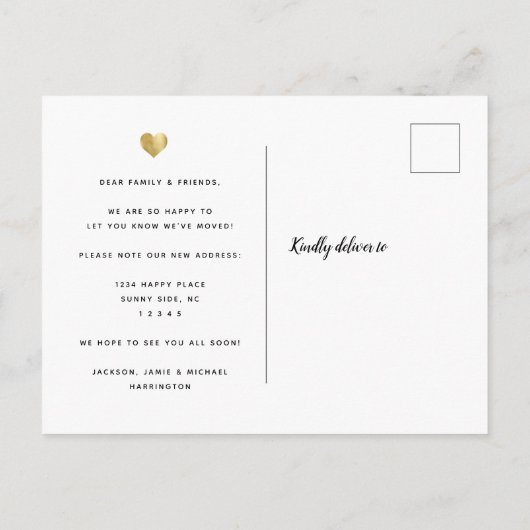 Carte Postale Faire-part Script moderne Nous avons déplacé Gold Heart Photo (Dos)