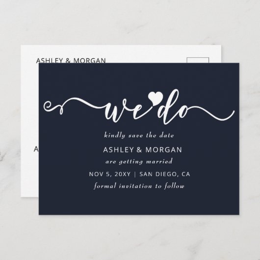 Carte Postale Faire-part Script Navy Heart We Do Save the Date (Devant / Derrière)