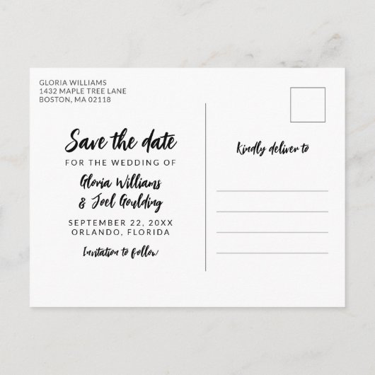 Carte Postale Faire-part Script noir 4 Photos Mariage Enregistrer notre dat (Dos)