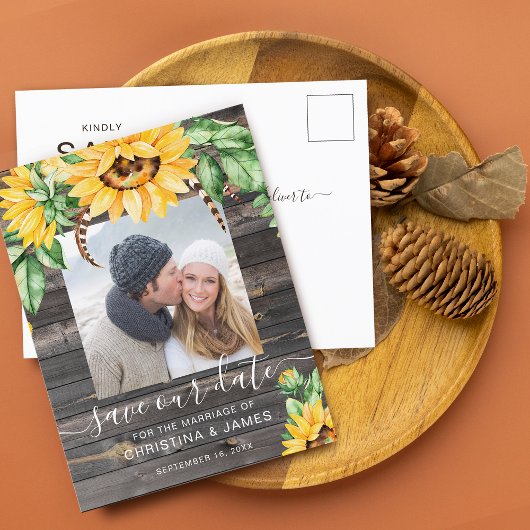 Carte Postale Faire-part Script photo tournesol rustique Enregistrer la dat