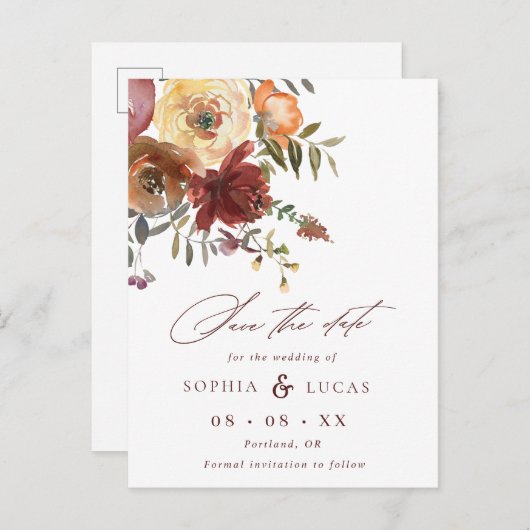 Carte Postale Faire-part Script Rust Bourgogne Floral Mariage Enregistrer l (Devant / Derrière)