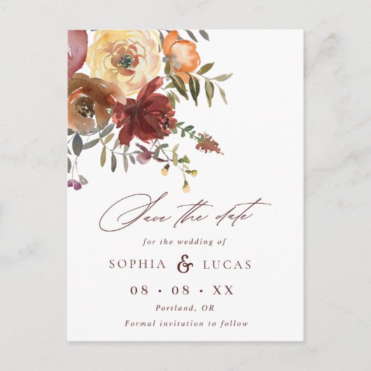 Carte Postale Faire-part Script Rust Bourgogne Floral Mariage Enregistrer l (Devant)