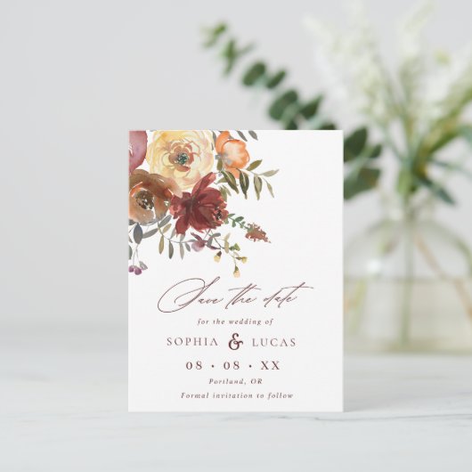 Carte Postale Faire-part Script Rust Bourgogne Floral Mariage Enregistrer l (Debout devant)