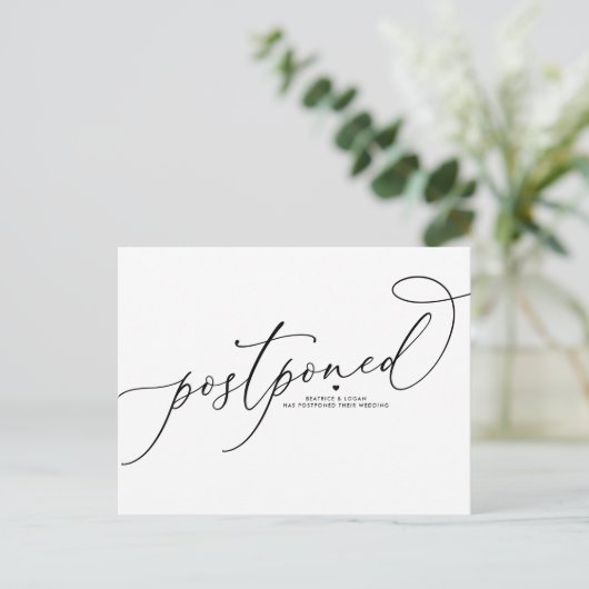 Carte Postale Faire-part Script Whimsical Noir reporté mariage (Debout devant)
