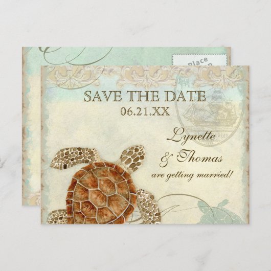Carte Postale Faire-part Sea Turtle Modern Coastal Ocean Beach Swirls (Devant / Derrière)