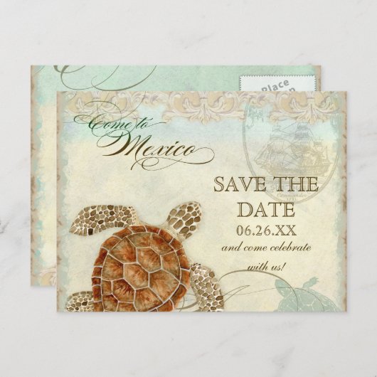 Carte Postale Faire-part Sea Turtle Modern Coastal Ocean Beach Swirls (Devant / Derrière)