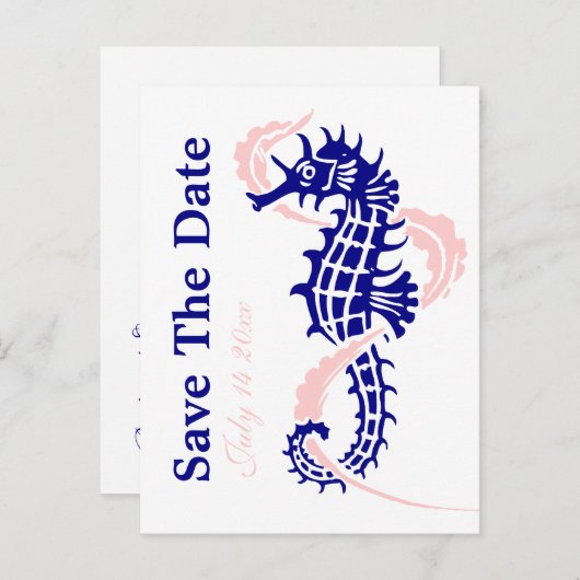 Carte Postale Faire-part Seahorse marine bleu, mariage rose Enregistrer la  (Devant / Derrière)