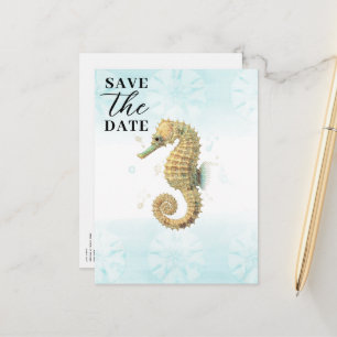 Carte Postale Faire-part Seahorse Turquoise & Gold Aquarelle Enregistrer la