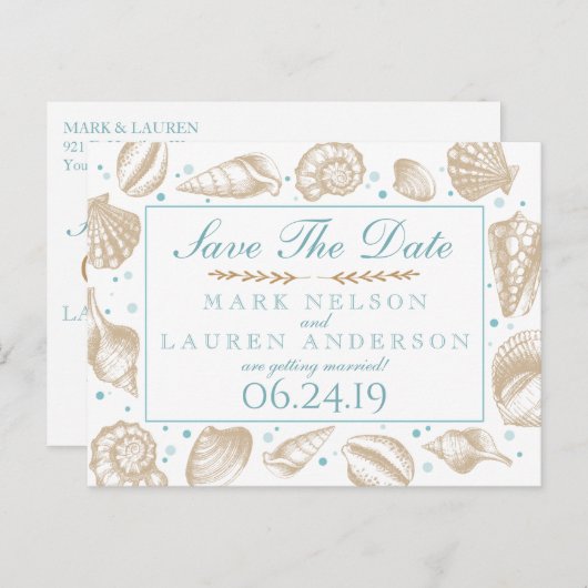 Carte Postale Faire-part Seashells Nautical Beach Wedding | Réservez la dat (Devant / Derrière)