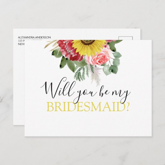 Carte Postale Faire-part Serez-vous ma servante d'honneur Sunflower Eucalyp (Devant / Derrière)