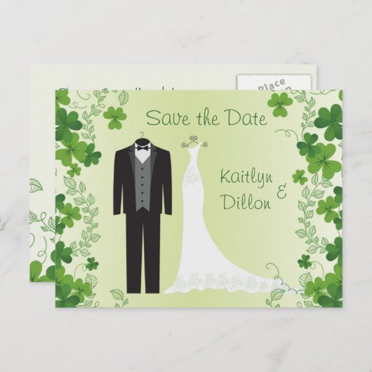Carte Postale Faire-part Shamrock irlandais, tuxedo, robe mariage Enregistr (Devant / Derrière)