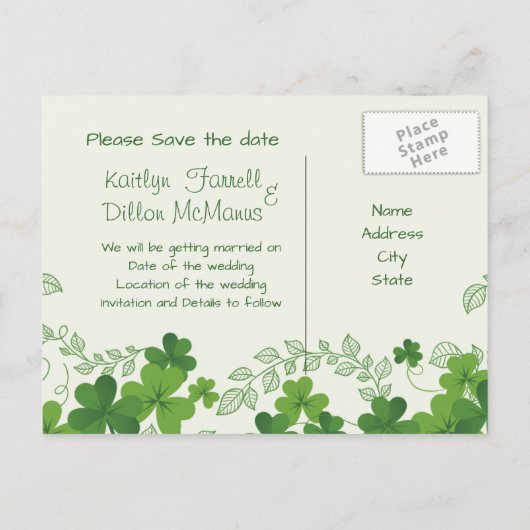 Carte Postale Faire-part Shamrock irlandais, tuxedo, robe mariage Enregistr (Dos)