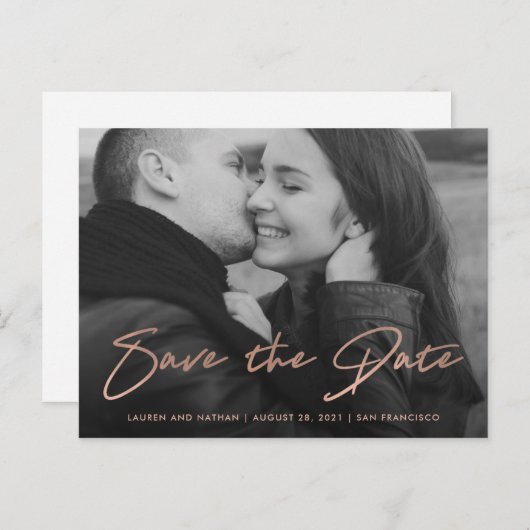Carte Postale Faire-part Signature | Faux rose gold photo save the date (Devant / Derrière)