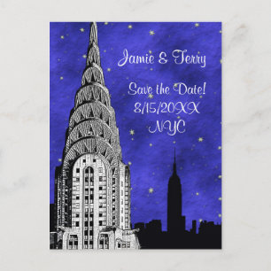 Carte Postale Faire-part Silhouette de la skyline de NYC Blue Starry Save t