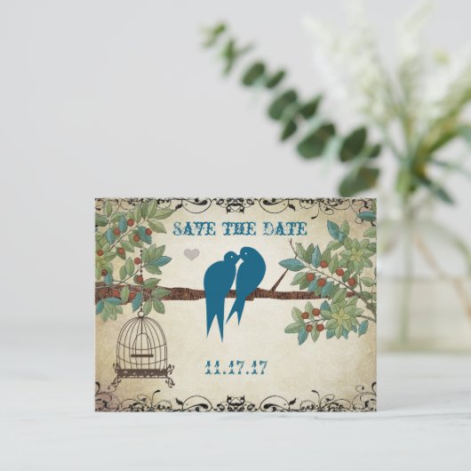 Carte Postale Faire-part Silhouette Inséparables Bird Cage Tree Enregistrer (Debout devant)