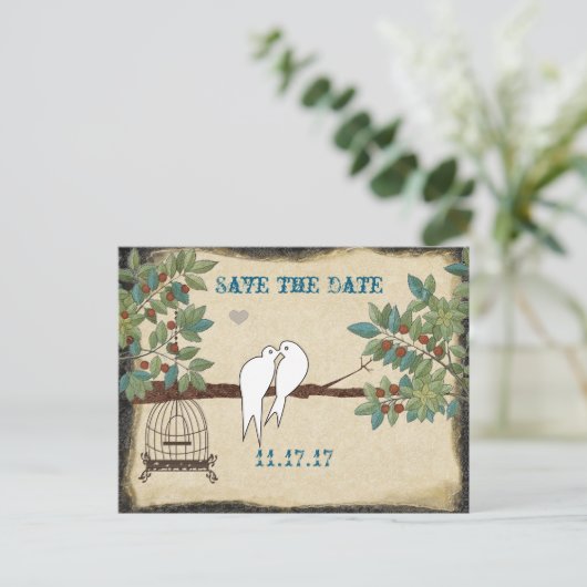 Carte Postale Faire-part Silhouette Oiseaux Jaunes Cage à Oiseaux Save the (Debout devant)