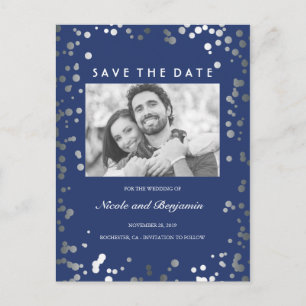 Carte Postale Faire-part Silver Confetti Elegant Navy Photo Sauvez la date