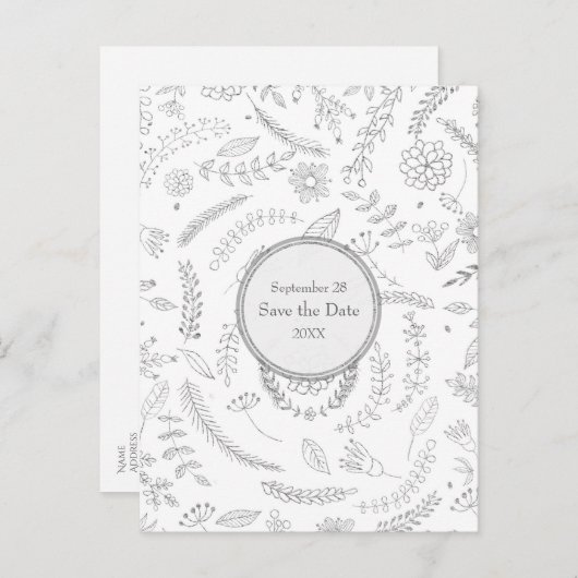 Carte Postale Faire-part Silver Floral Feuille Mariage rustique Enregistrer (Devant / Derrière)