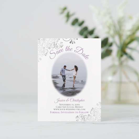 Carte Postale Faire-part Silver Frills Lavender Wedding Enregistrer la date (Debout devant)