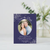 Carte Postale Faire-part Silver Lace Marine Blue Wedding Enregistrer la dat (Debout devant)