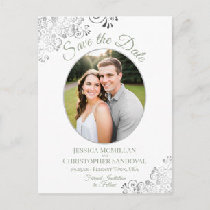 Carte Postale Faire-part Silver Lace Sage White Wedding Save the Date Photo