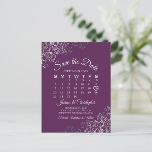 Carte Postale Faire-part Silver Plum Purple Wedding Save the Date Calendar (Debout devant)