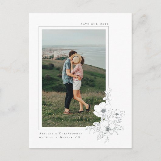 Carte Postale Faire-part Simple Anémone grise blanche Art floral Save the D (Devant)