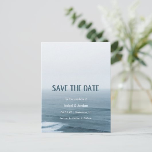 Carte Postale Faire-part Simple Art Waves Beach Wedding Enregistrer la date (Debout devant)