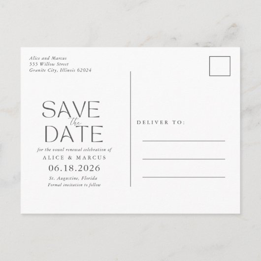 Carte Postale Faire-part Simple Beach Vow Renewal Enregistrer la date (Dos)