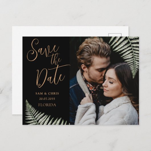 Carte Postale Faire-part Simple Black & Gold Photo Fern Enregistrer la date (Devant / Derrière)