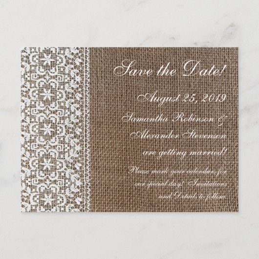 Carte Postale Faire-part Simple Burlap et Dentelle (Devant)