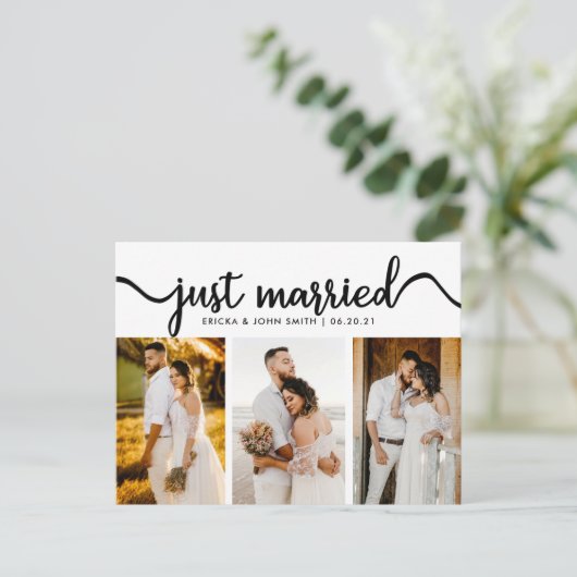 Carte Postale Faire-part Simple Calligraphie Photo de mariage Juste Mariés  (Debout devant)