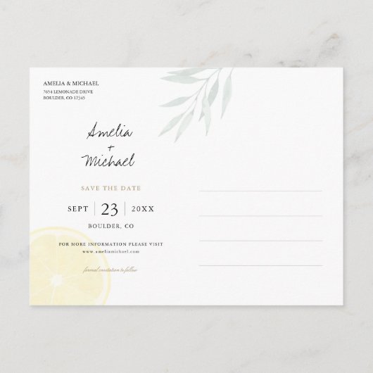 Carte Postale Faire-part Simple citron Enregistrer la date (Dos)